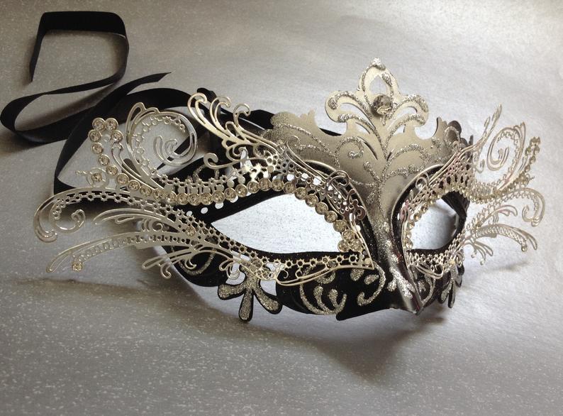 Black and Silver laser Cut Metal Masquerade Mask image 0