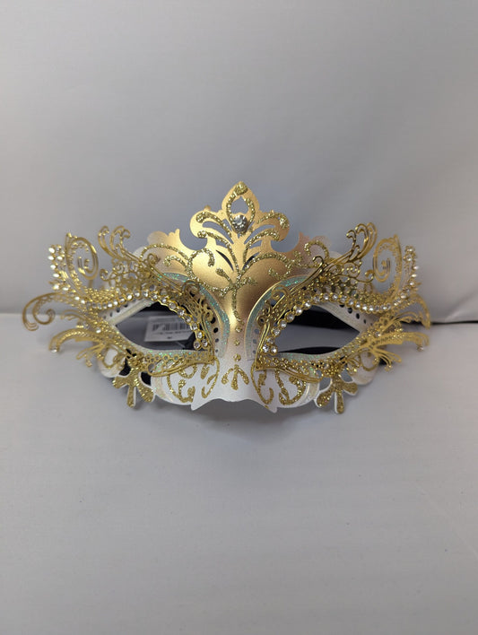 White and Gold Laser Cut Metal Masquerade Mask image 0