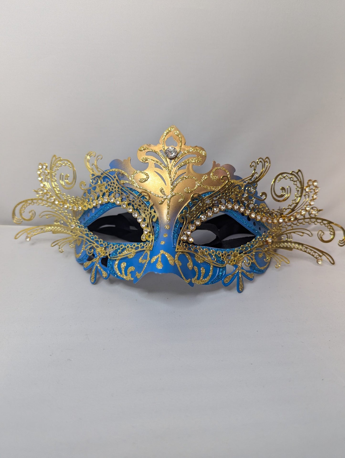 Aqua Blue and Gold Laser Cut Metal Masquerade Mask image 0